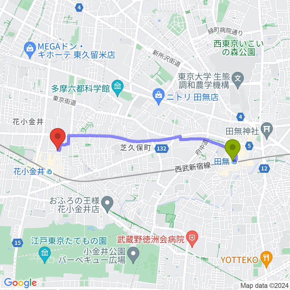 田無駅から宮地楽器 花小金井センターへのルートマップ地図