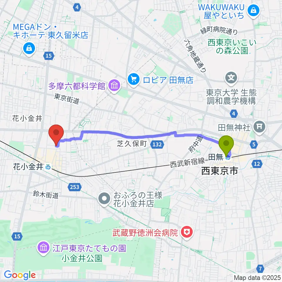 田無駅から宮地楽器 花小金井センターへのルートマップ地図