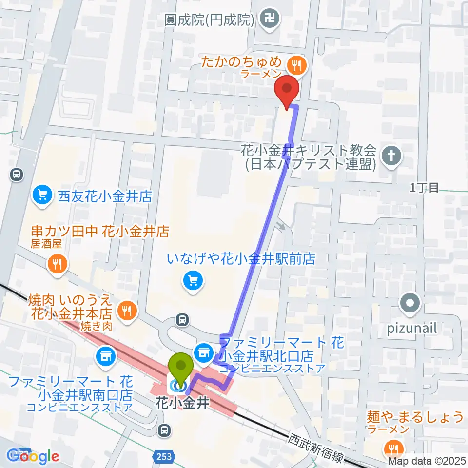 宮地楽器 花小金井センターの最寄駅花小金井駅からの徒歩ルート（約5分）地図