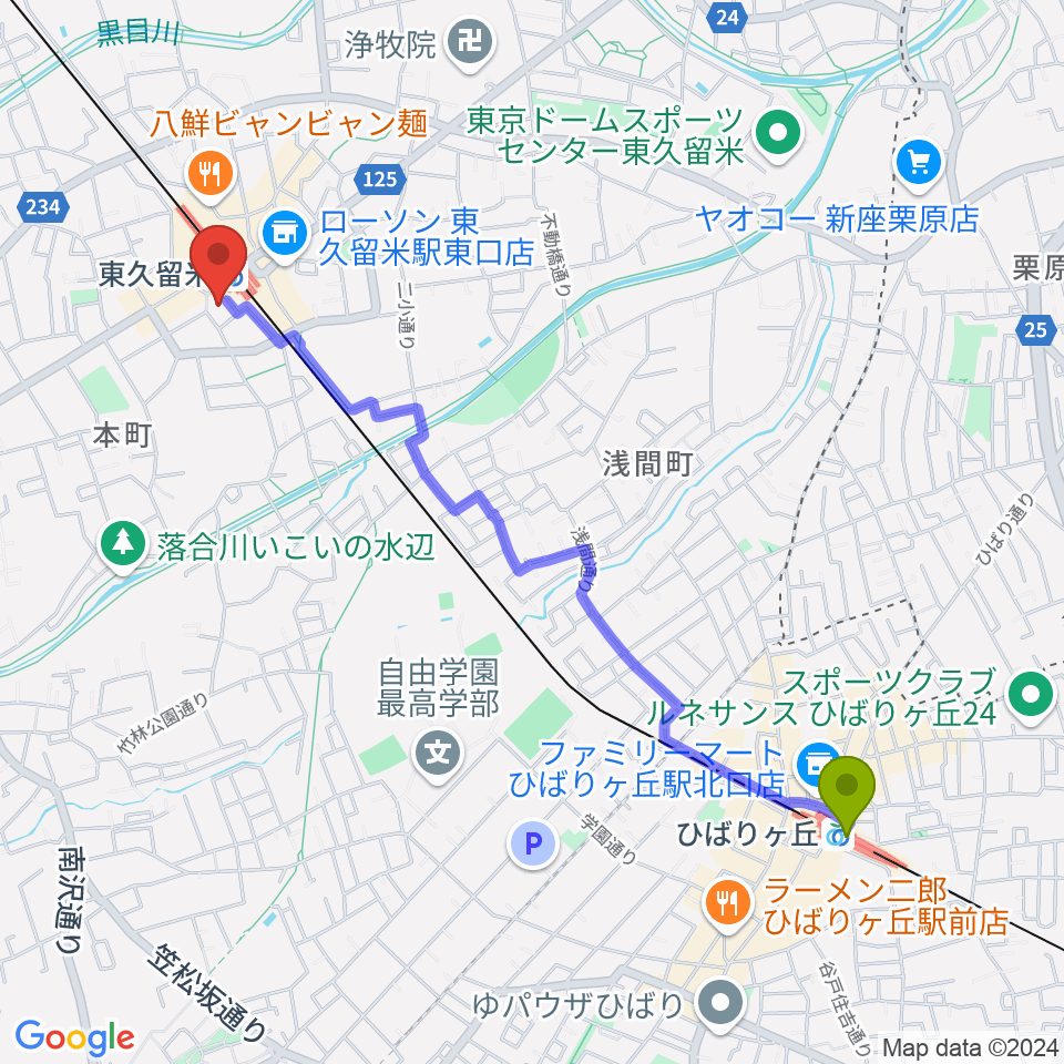 ひばりヶ丘駅から宮地楽器 東久留米センターへのルートマップ地図