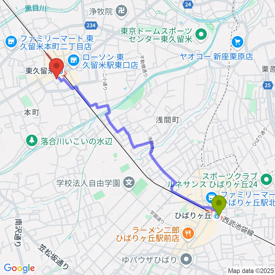 ひばりヶ丘駅から宮地楽器 東久留米センターへのルートマップ地図