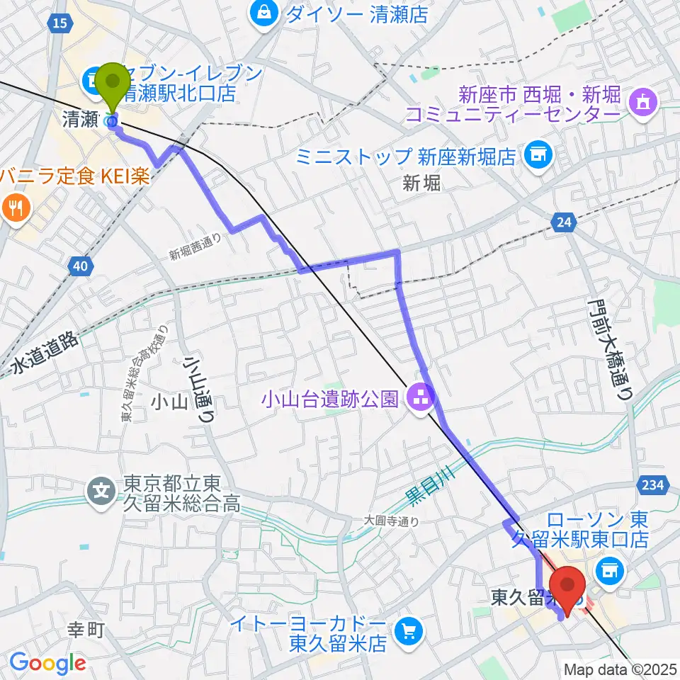清瀬駅から宮地楽器 東久留米センターへのルートマップ地図