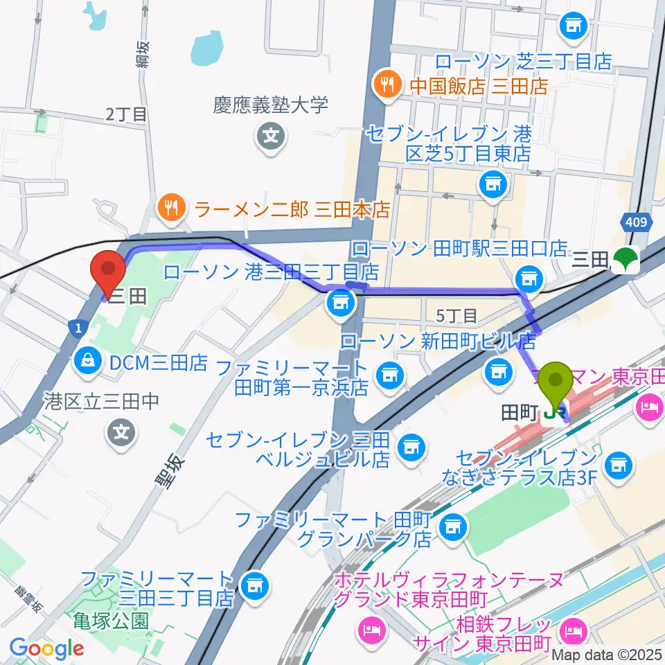 スタジオアワーハウスの最寄駅田町駅からの徒歩ルート（約11分）地図