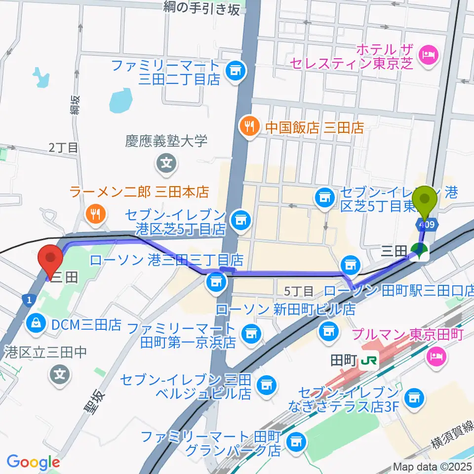 三田駅からスタジオアワーハウスへのルートマップ地図