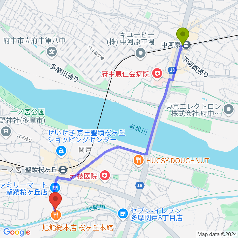 中河原駅からスタジオABR聖蹟桜ヶ丘店へのルートマップ地図