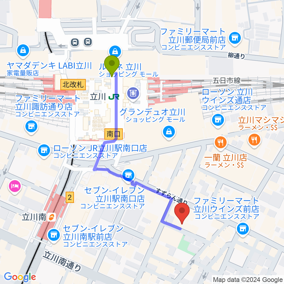 立川駅からサウンドスタジオブルームーン立川店へのルートマップ地図