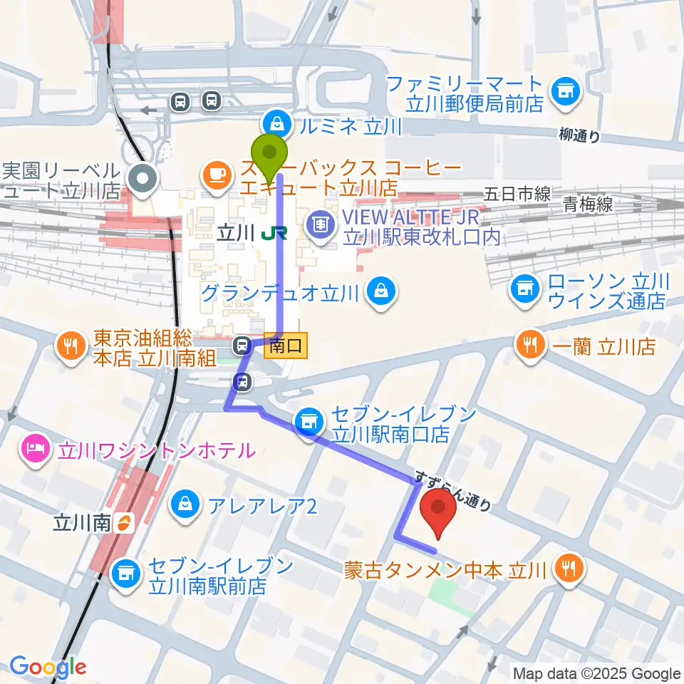 立川駅からサウンドスタジオブルームーン立川店へのルートマップ地図