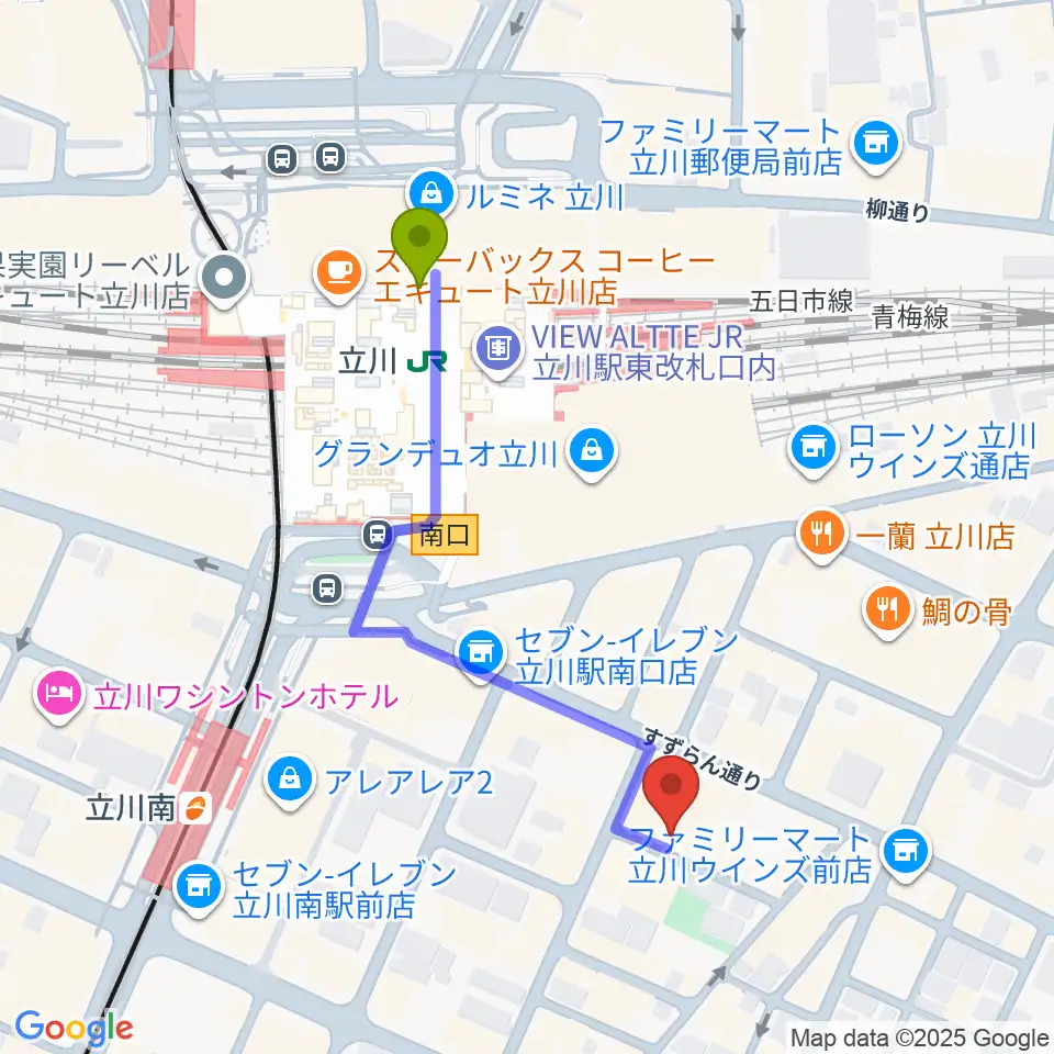 立川駅からサウンドスタジオブルームーン立川店へのルートマップ地図