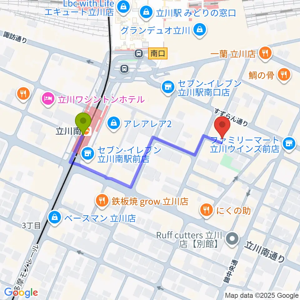サウンドスタジオブルームーン立川店の最寄駅立川南駅からの徒歩ルート（約4分）地図