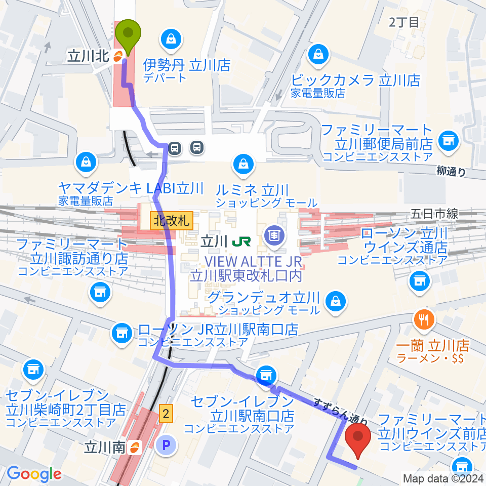 立川北駅からサウンドスタジオブルームーン立川店へのルートマップ地図