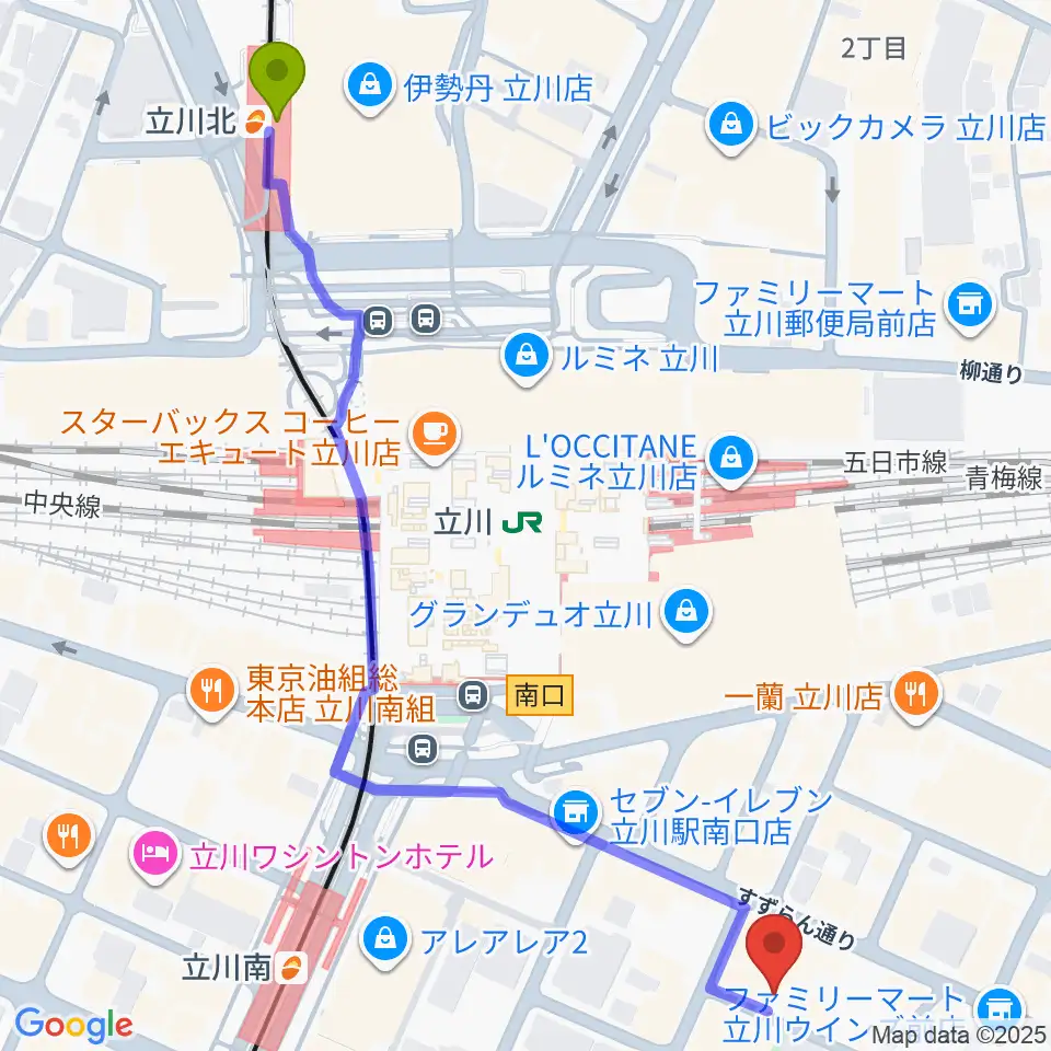 立川北駅からサウンドスタジオブルームーン立川店へのルートマップ地図