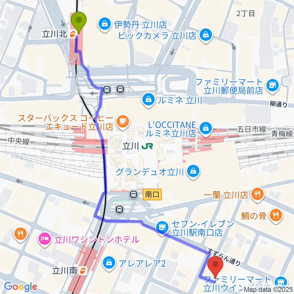 立川北駅からサウンドスタジオブルームーン立川店へのルートマップ地図