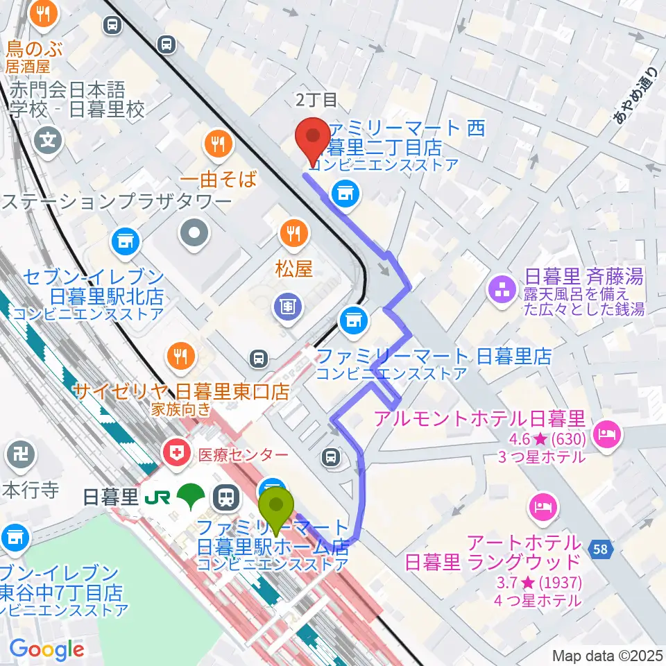 クレシェンドスタジオの最寄駅日暮里駅からの徒歩ルート（約4分）地図