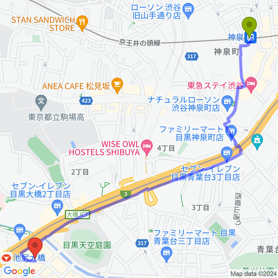 神泉駅からプライムサウンドスタジオ フォームへのルートマップ地図