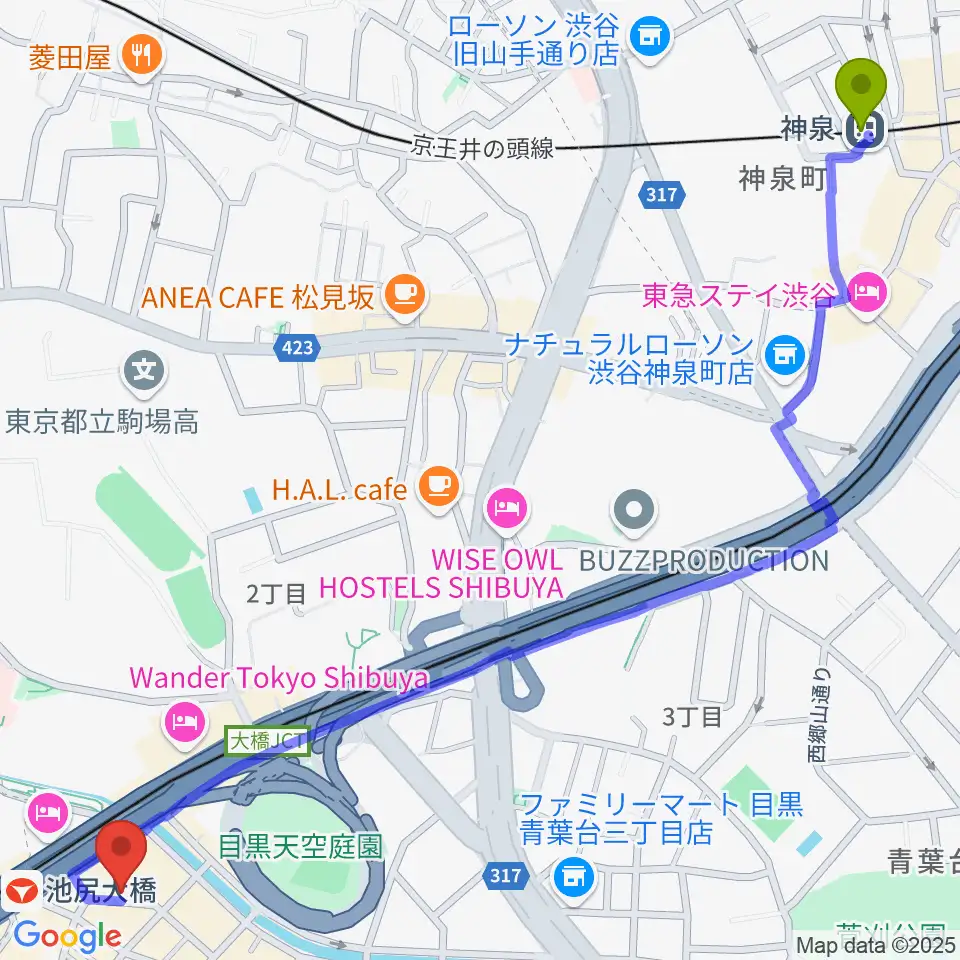 神泉駅からプライムサウンドスタジオ フォームへのルートマップ地図