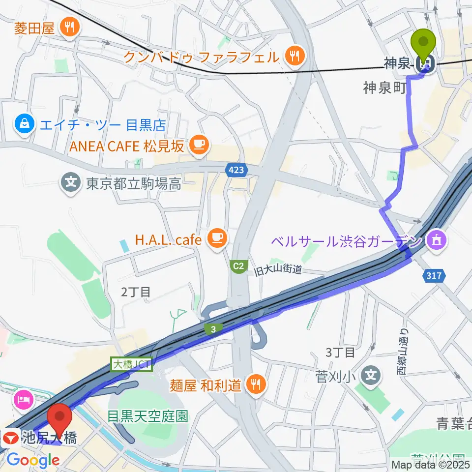 神泉駅からプライムサウンドスタジオ フォームへのルートマップ地図