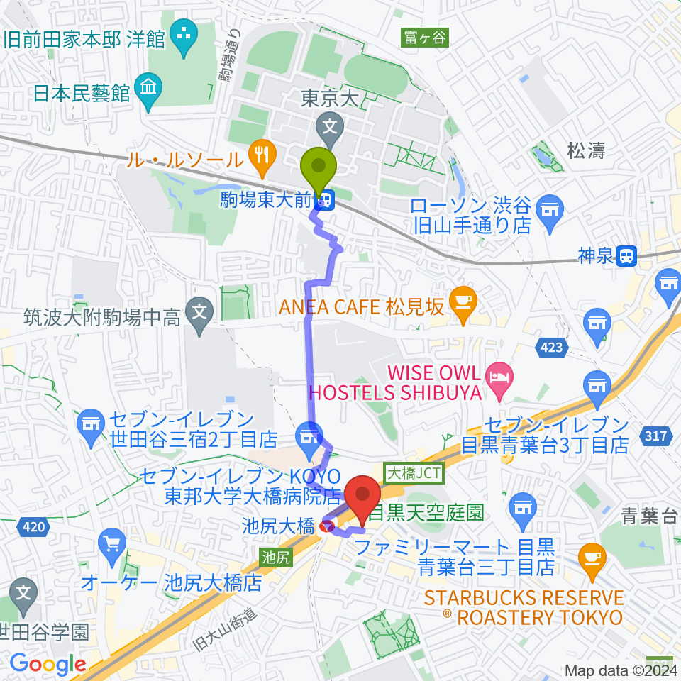 駒場東大前駅からプライムサウンドスタジオ フォームへのルートマップ地図