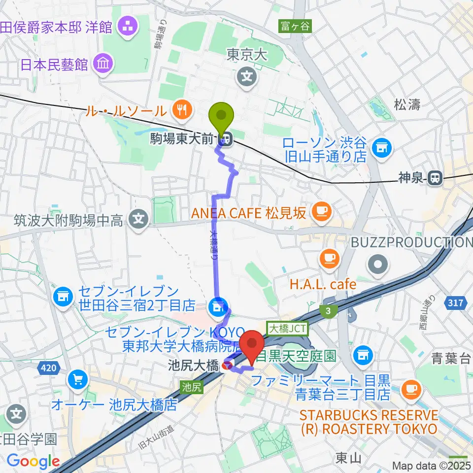 駒場東大前駅からプライムサウンドスタジオ フォームへのルートマップ地図