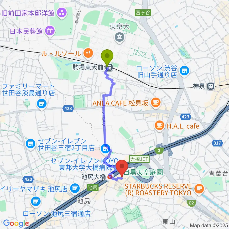 駒場東大前駅からプライムサウンドスタジオ フォームへのルートマップ地図