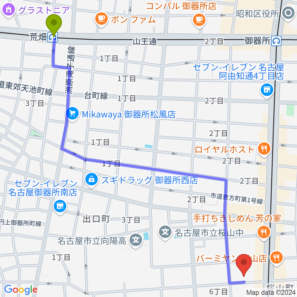 荒畑駅から愛曲楽器 桜山本店へのルートマップ地図