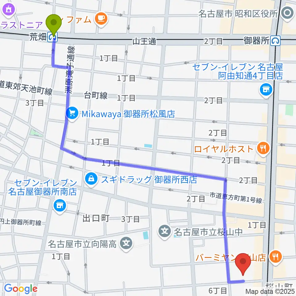 荒畑駅から愛曲楽器 桜山本店へのルートマップ地図
