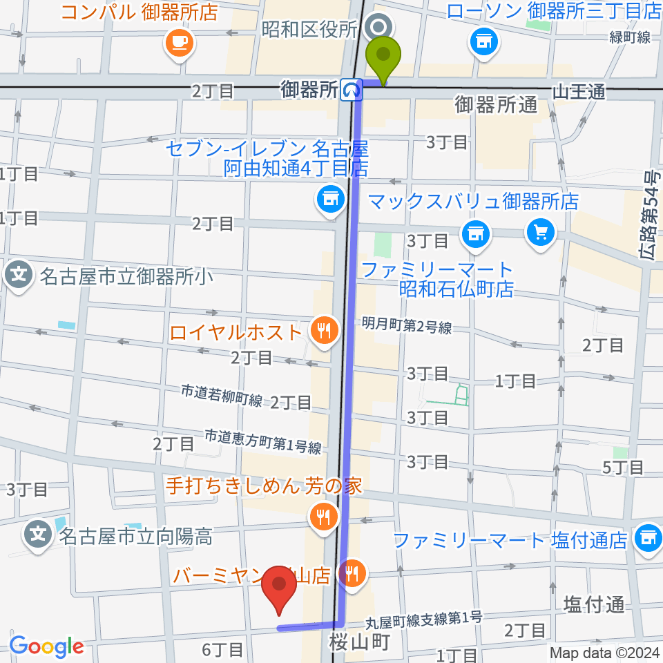 御器所駅から愛曲楽器 桜山本店へのルートマップ地図