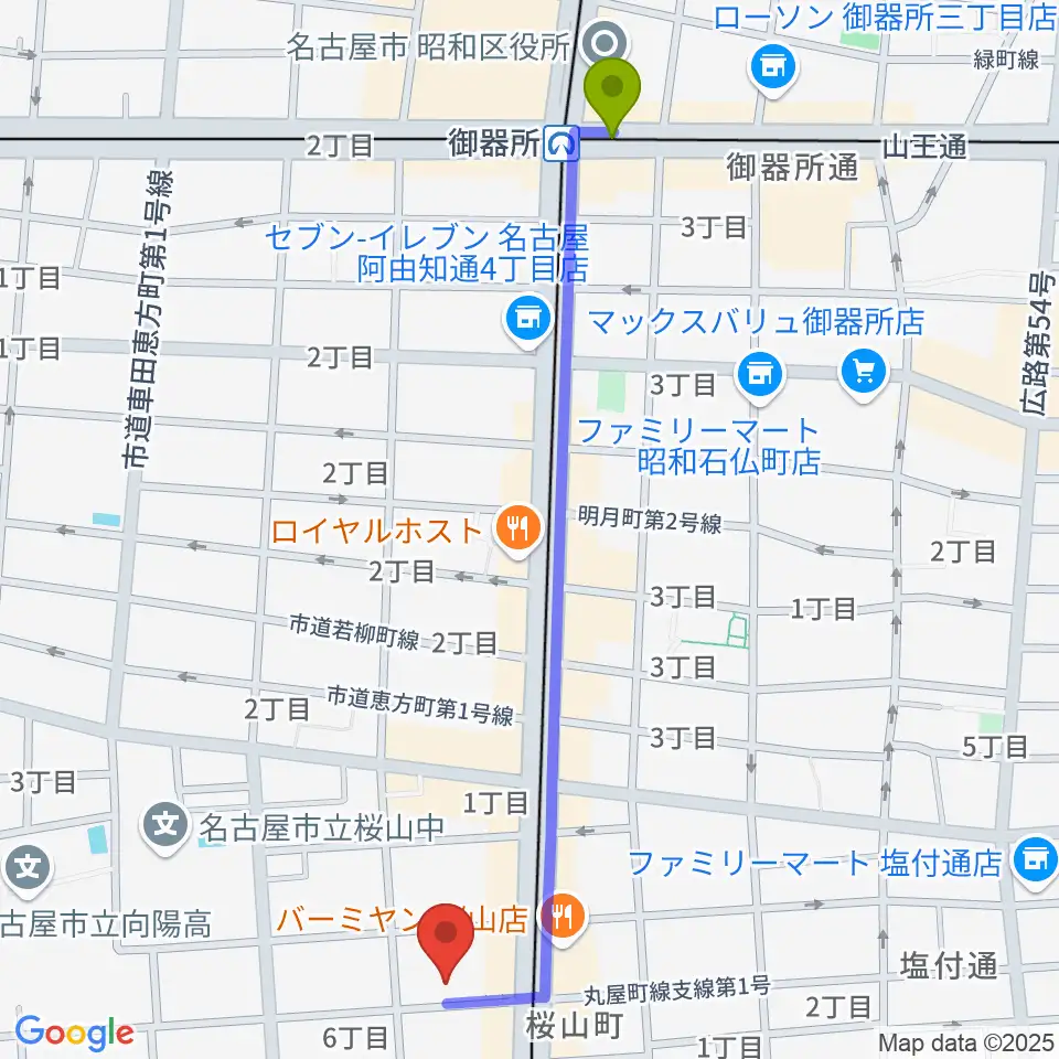 御器所駅から愛曲楽器 桜山本店へのルートマップ地図