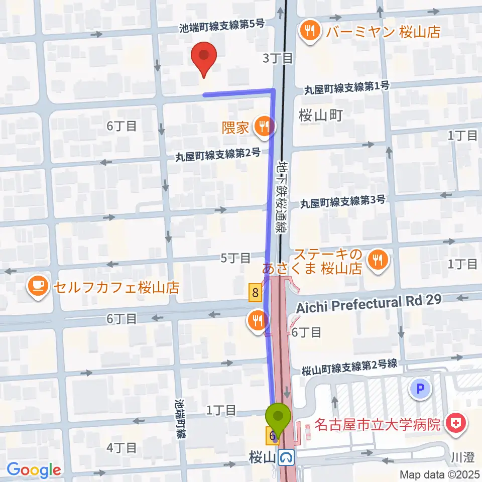 愛曲楽器 桜山本店の最寄駅桜山駅からの徒歩ルート（約6分）地図