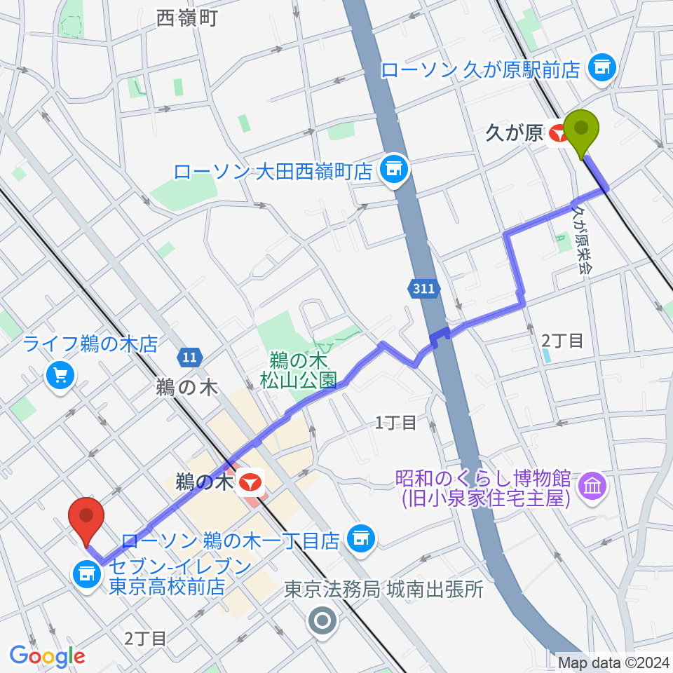 久が原駅から亀吉音楽堂へのルートマップ地図