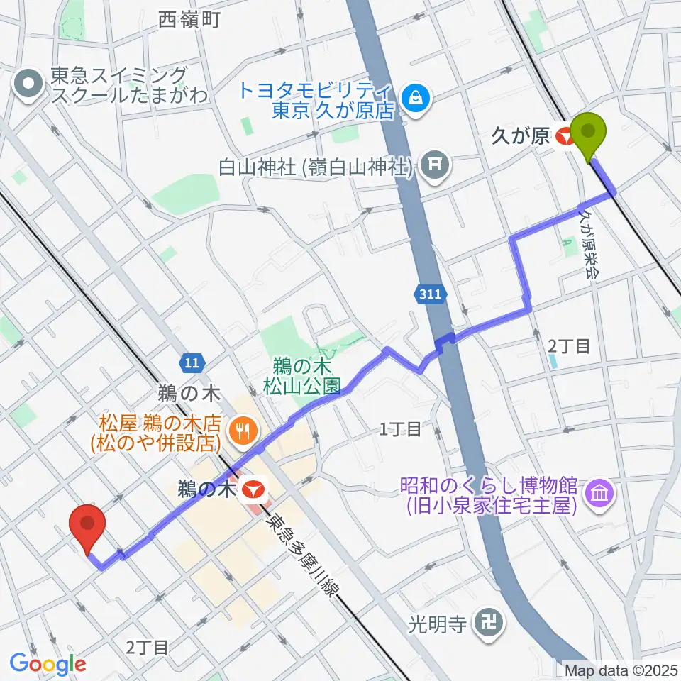 久が原駅から亀吉音楽堂へのルートマップ地図