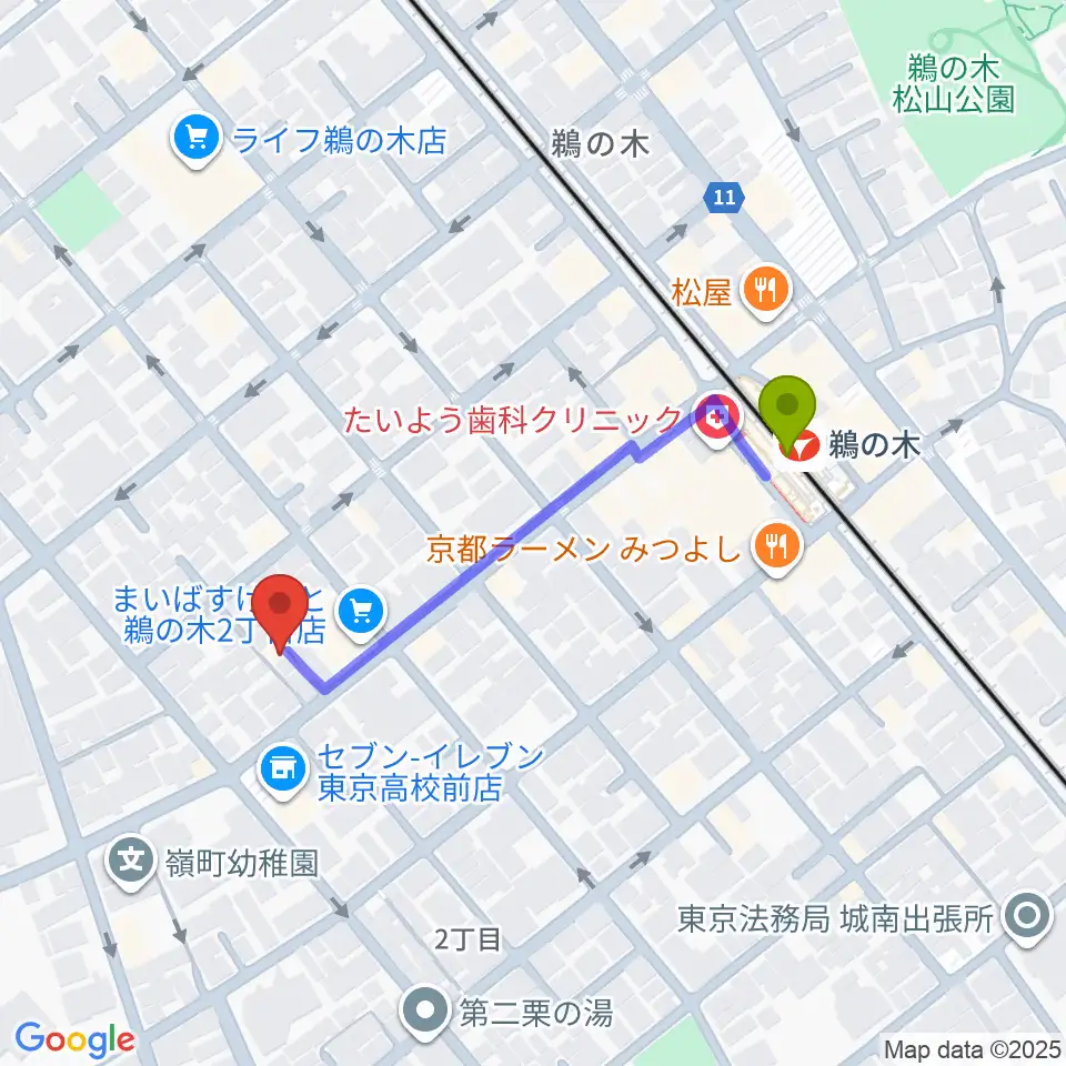 亀吉音楽堂の最寄駅鵜の木駅からの徒歩ルート（約4分）地図