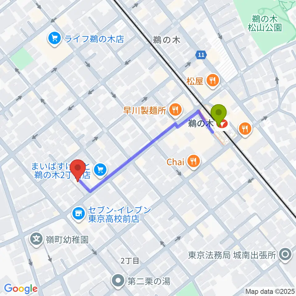 亀吉音楽堂の最寄駅鵜の木駅からの徒歩ルート（約4分）地図