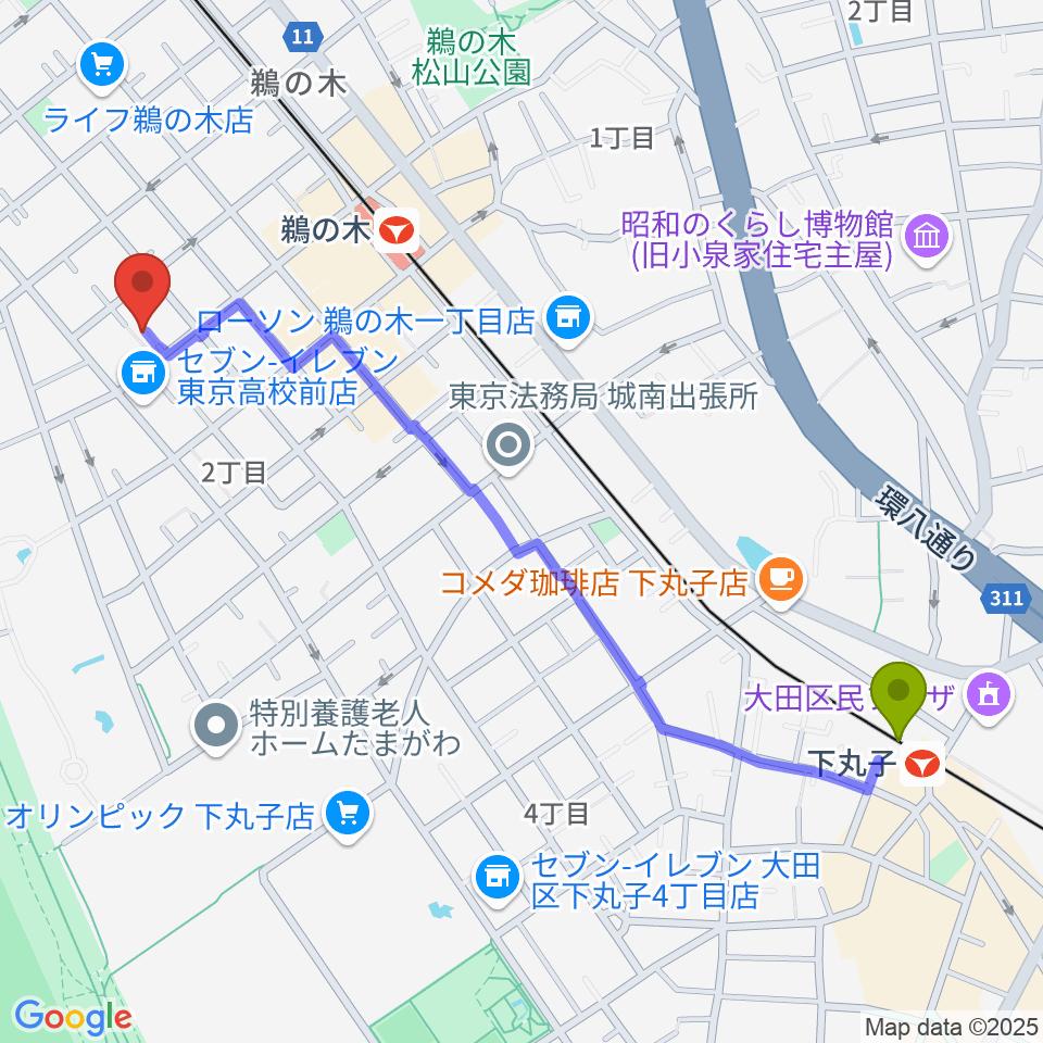 下丸子駅から亀吉音楽堂へのルートマップ地図