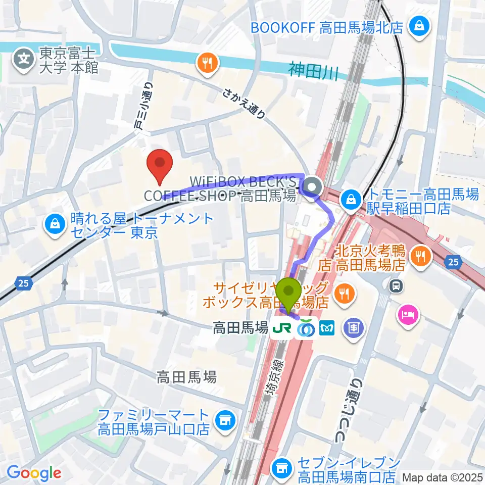 バズーカスタジオの最寄駅高田馬場駅からの徒歩ルート（約3分）地図