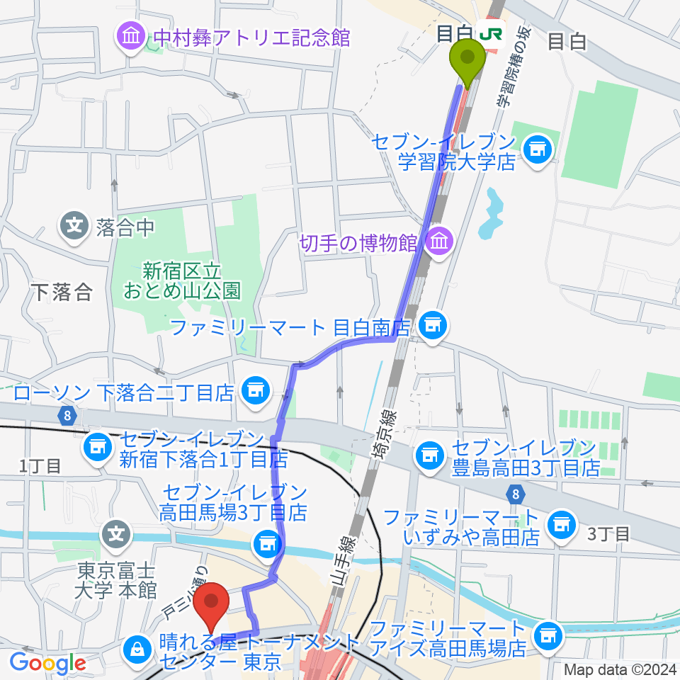 目白駅からバズーカスタジオへのルートマップ地図