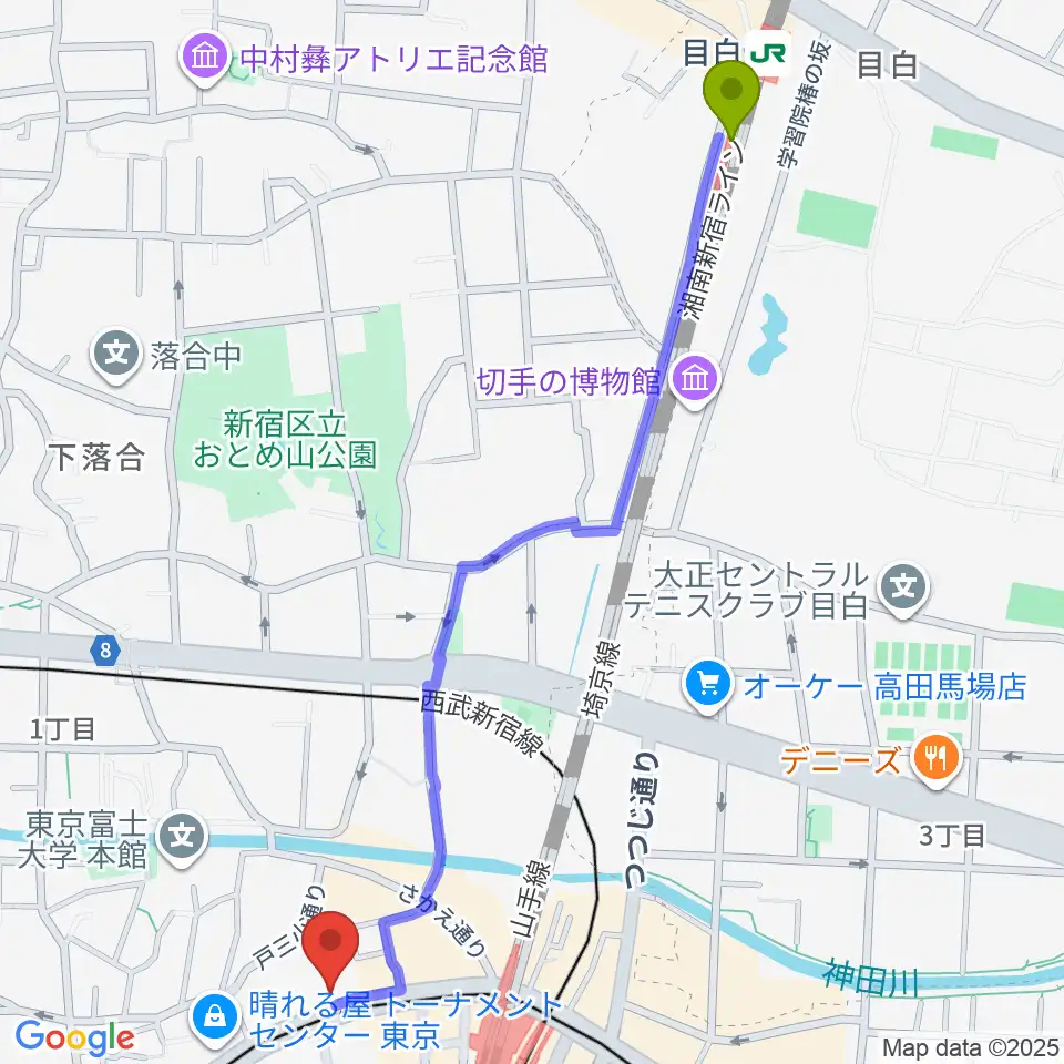 目白駅からバズーカスタジオへのルートマップ地図