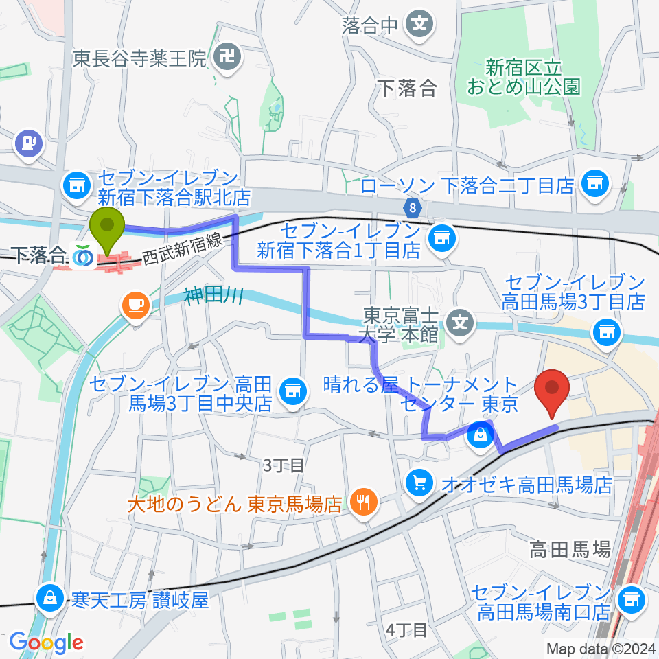 下落合駅からバズーカスタジオへのルートマップ地図