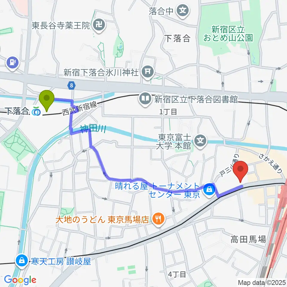 下落合駅からバズーカスタジオへのルートマップ地図