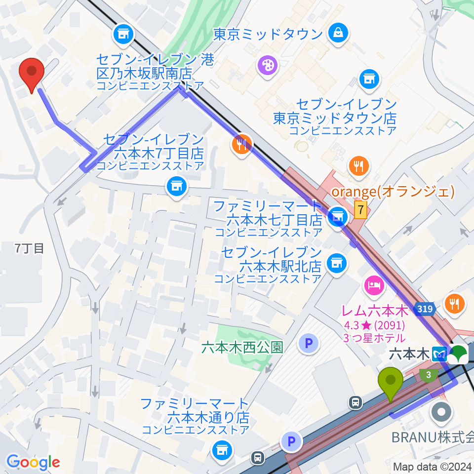 六本木駅からプラネットキングダムへのルートマップ地図