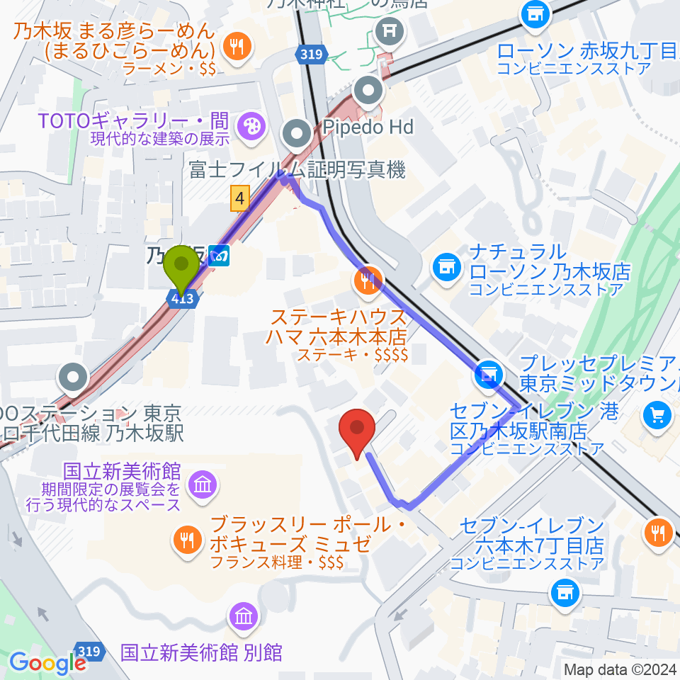 プラネットキングダムの最寄駅乃木坂駅からの徒歩ルート（約3分）地図