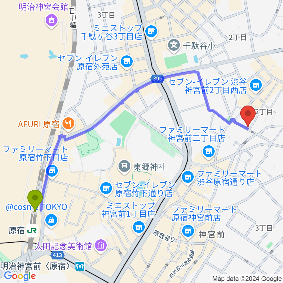 原宿駅からPLAZA studioへのルートマップ地図