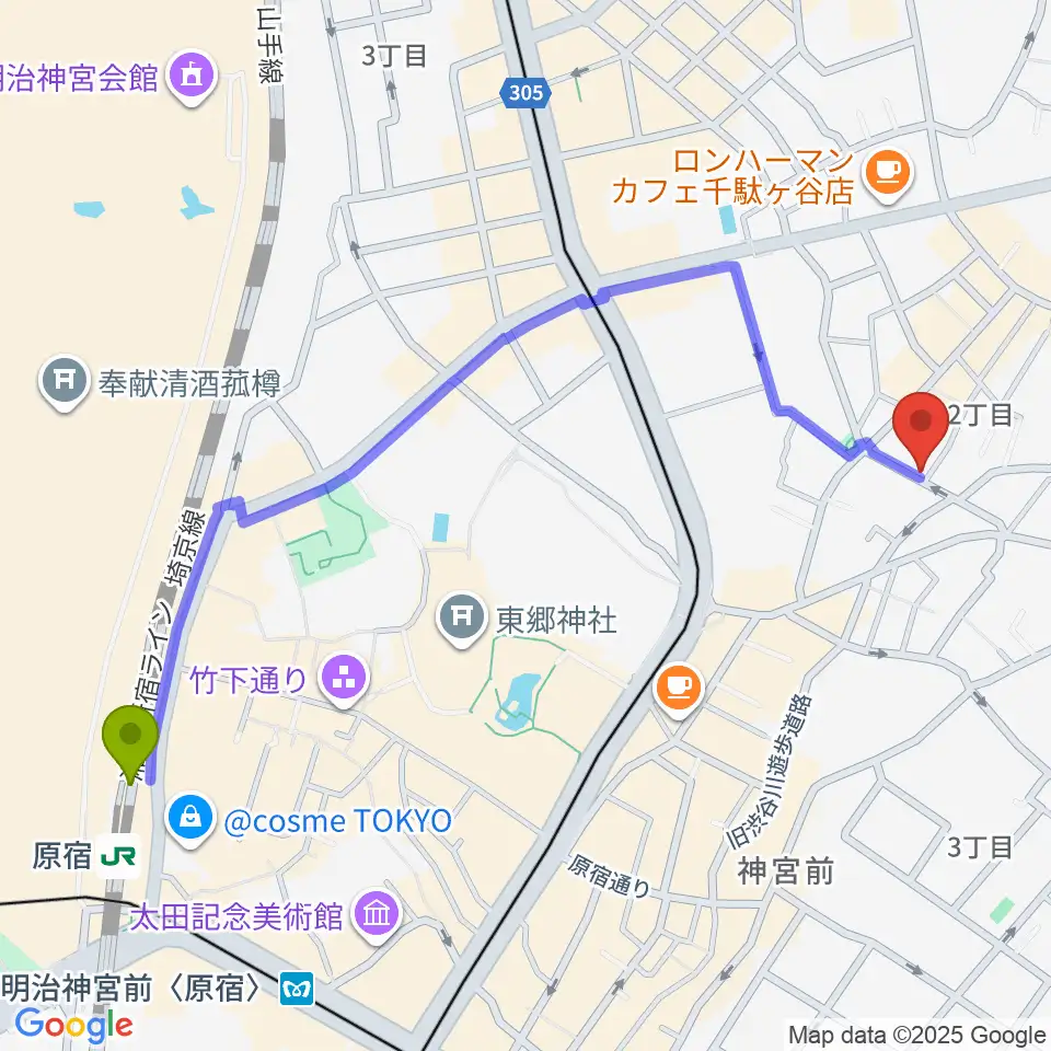原宿駅からPLAZA studioへのルートマップ地図