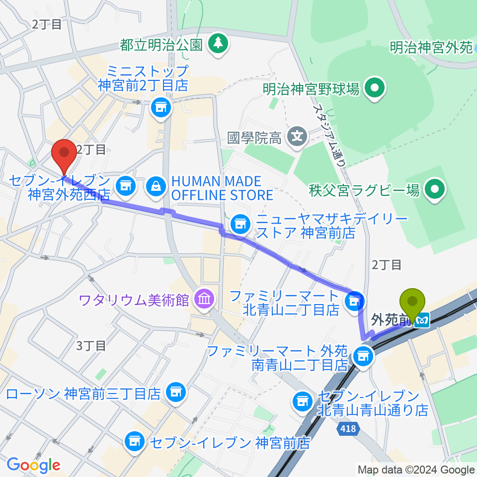 外苑前駅からPLAZA studioへのルートマップ地図