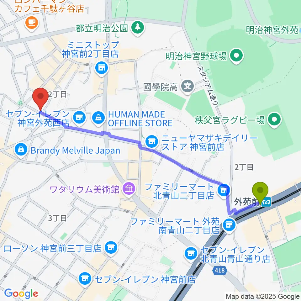 外苑前駅からPLAZA studioへのルートマップ地図