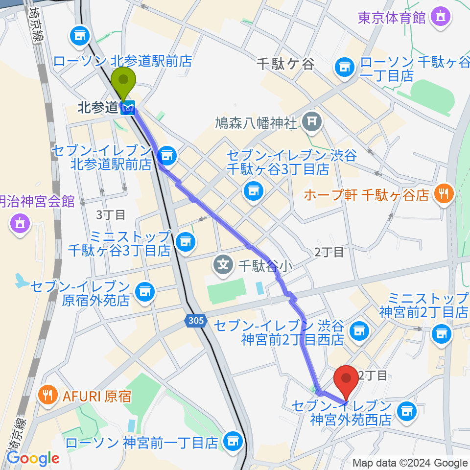 PLAZA studioの最寄駅北参道駅からの徒歩ルート（約12分）地図