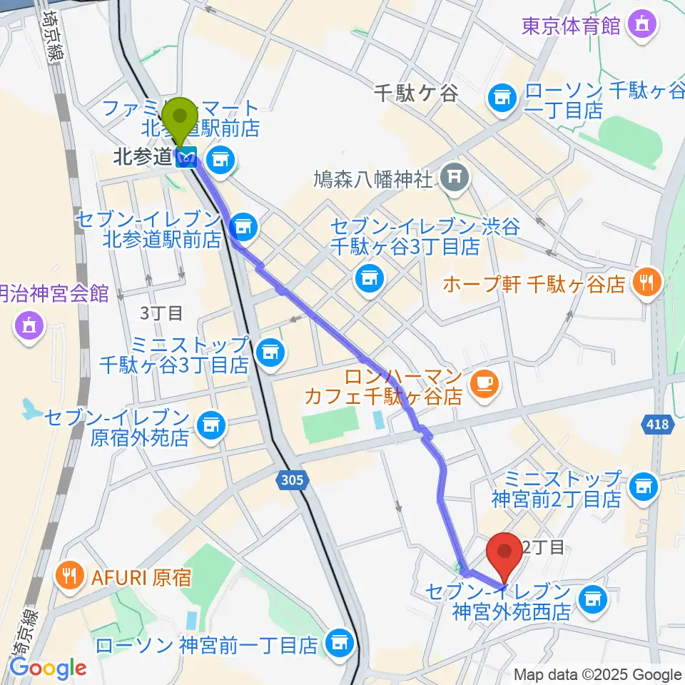 PLAZA studioの最寄駅北参道駅からの徒歩ルート（約12分）地図