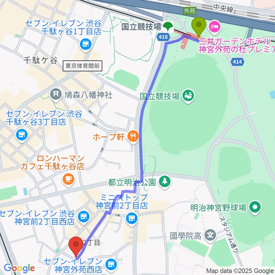 国立競技場駅からPLAZA studioへのルートマップ地図