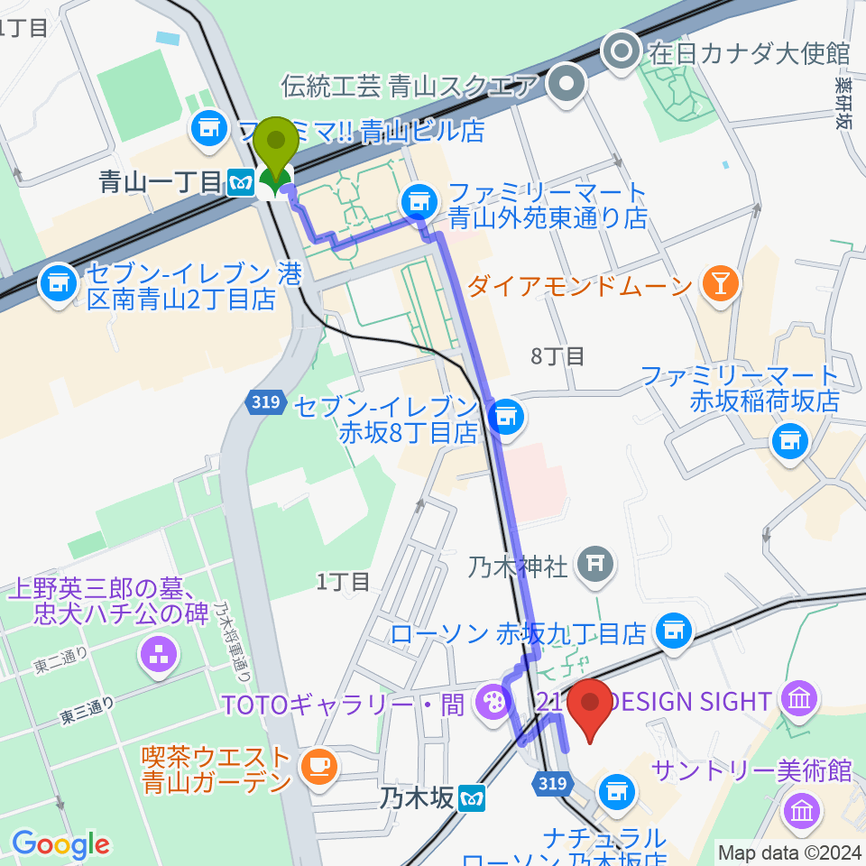 青山一丁目駅からソニー・ミュージックスタジオへのルートマップ地図