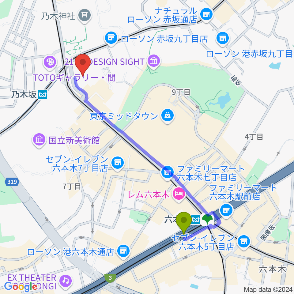 六本木駅からソニー・ミュージックスタジオへのルートマップ地図