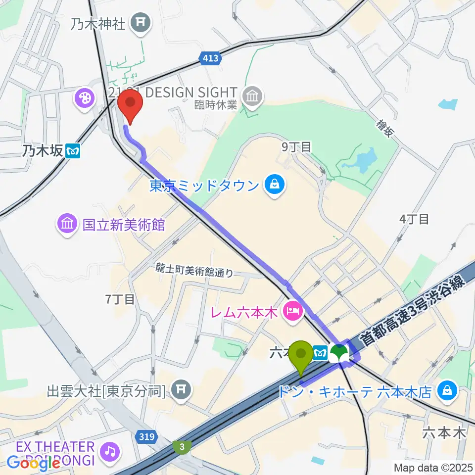 六本木駅からソニー・ミュージックスタジオへのルートマップ地図
